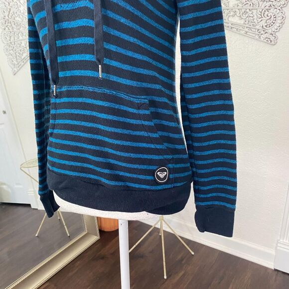 Roxy Early 2000's Whimsygoth Grunge Black Blue Striped Hoodie Long Sleeve XS - Picture 3 of 8